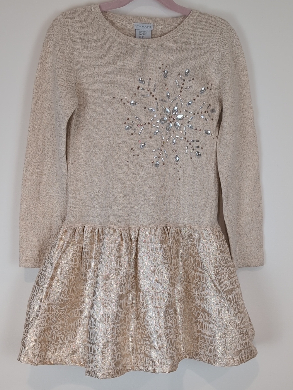 Tahari Girls Cream Metallic Sparkle Snowflake Dress Size 6x